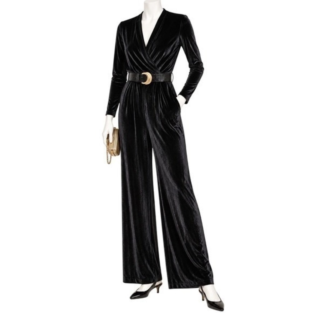 DONNA KARAN NEW YORK *NWT* Black Stretch Velvet Belted Designer Jumpsuit | Sz 4